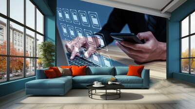 Hard Working. business people hand using mobile smart phone with virtual graphic icon diagram on desk at office, contact us, cloud computing, business finance, internet network technology concept Wall mural