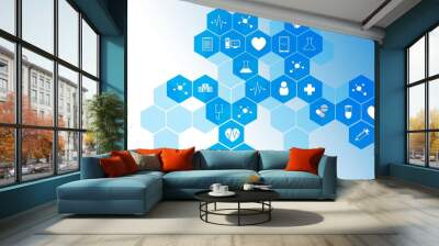 medical icon in hexagonal shaped pattern background, science, health care and medical technology concept, blue color tone Wall mural