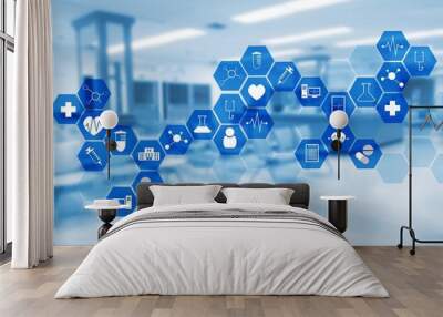 medical icon in hexagonal shaped pattern on blurred hospital background, science, health care and medical technology concept, blue color tone Wall mural