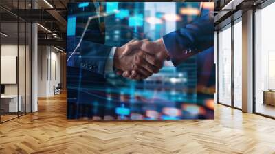 Partnership. business man investor handshake with graph chart stock market diagram and city background, global network link connection, digital technology, internet communication, teamwork concept Wall mural