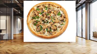 Delicious savory porcini mushroom pizza with creamy cheese sauce, champignons and green spinach, presented isolated on white background. Popular Italian style dish Wall mural