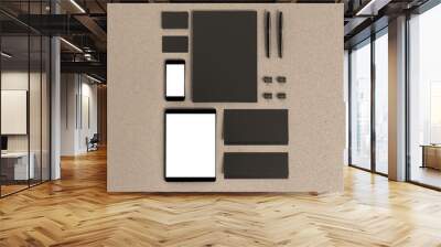 Set of mockup elements on the wood table. Mockup business template Wall mural