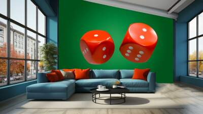 Two red casino dices on green background Wall mural