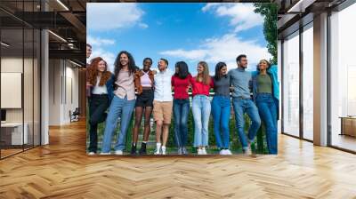 Group of international friends bonding outdoors  - Multicultural people laughing outside Wall mural