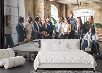 Portrait of mixed age corporate working team with multiracial and disabled Wall mural