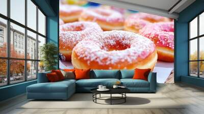 A box of donuts with powdered sugar on top Wall mural