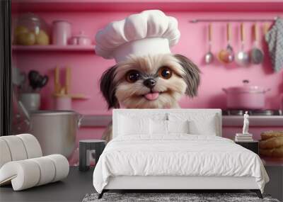 A small dog wearing a chef's hat is standing in a kitchen Wall mural