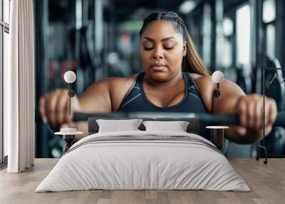 A woman is holding a red weight bar in a gym Wall mural