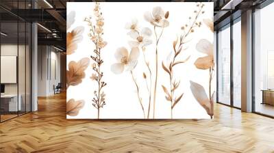 Sepia-Toned Botanical Illustration. A collection of sepia-toned botanical illustrations featuring various stylized flowers and leaves. Wall mural