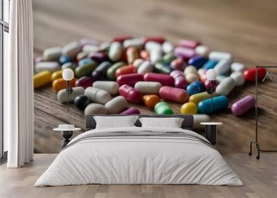  A colorful assortment of pills on a wooden surface Wall mural