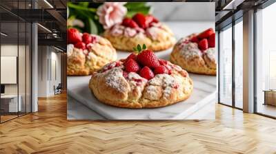  Deliciously baked pastries with fresh strawberries on top Wall mural