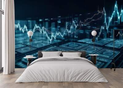  Digital financial data visualization with stock market charts and currency symbols Wall mural