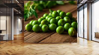  Fresh vibrant green peas on a rustic wooden surface Wall mural