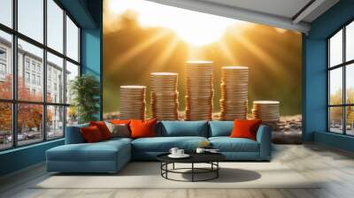  Sunlit stacks of coins, symbolizing wealth and prosperity Wall mural