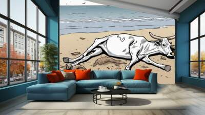 A cow is laying down on the beach Wall mural