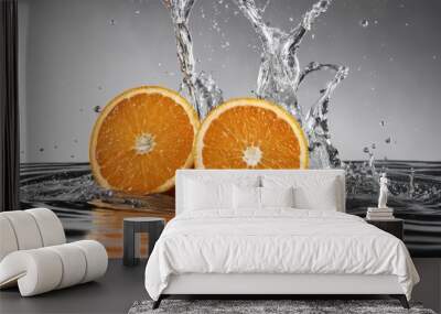 Two oranges in water with a splash Wall mural