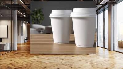 Two white coffee cups on a wooden table Wall mural