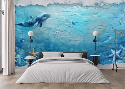 Blue texture decoration in the shape of sea waves with fish starfish whales Wall mural