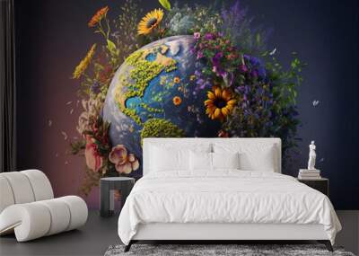 beautiful planet earth made of flowers and sprouting plants, save the planet, planet day, the world inside the globe, renew, generative ai Wall mural