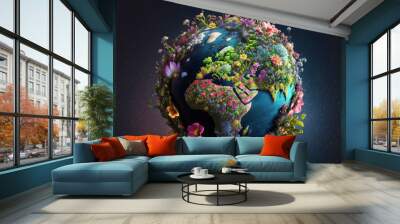 beautiful planet earth made of flowers and sprouting plants, save the planet, planet day, the world inside the globe, renew, generative ai Wall mural