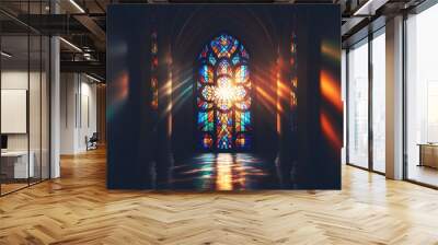 beautiful vibrant stained glass window of the cathedral with piercing rays of bright sunlight shining in the aisle, church, catholic generative ai  Wall mural