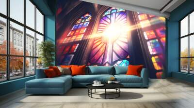 beautiful vibrant stained glass window of the cathedral with piercing rays of bright sunlight shining in the aisle, church, catholic generative ai  Wall mural