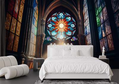 stained glass window of the cathedral with piercing rays of bright sunlight shining in the aisle, church, catholic generative ai	
 Wall mural