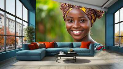 A beautiful Ivorian woman. Ivory-Coast. A beautiful Ivorian woman. A radiant young woman in a vibrant traditional outfit and headwrap smiles warmly against a lush green background, showcasing c. #wotw Wall mural