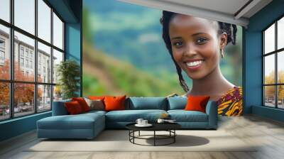 A beautiful Rwandan woman. Rwanda. A beautiful Rwandan woman. A cheerful young woman with natural hair smiles while wearing a vibrant, patterned dress amidst a lush green landscape. . #wotw Wall mural