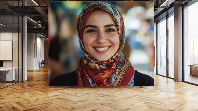 A beautiful Turkish woman. Turkey. A beautiful Turkish woman. A joyful young woman wearing a colorful headscarf smiles warmly at the camera, set against a vibrant market backdrop. . #wotw Wall mural