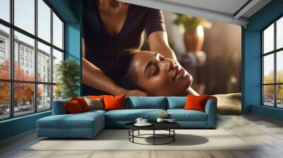 A black african american woman enjoys a massage at a spa salon Wall mural