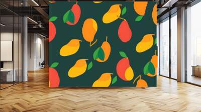 A colorful repeating pattern of illustrated mangoes and pears on a dark background for a vibrant and fresh design element.  Wall mural