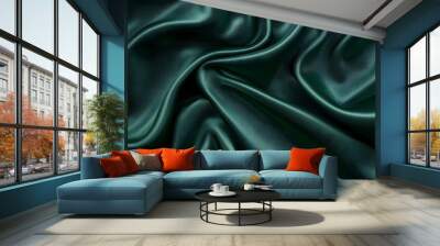 a flat smooth satin texture in rich emerald green. A close-up view of luxurious dark green satin fabric elegantly draped and flowing, showcasing its smo Wall mural