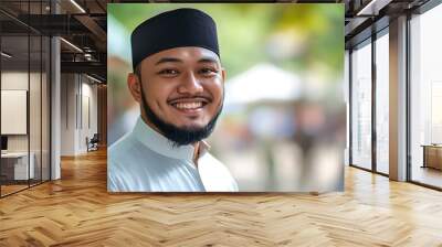 A handsome Bruneian man. Brunei. A smiling man wearing traditional attire and a cap stands outdoors, exuding warmth and friendliness in a vibrant setting. . #motw Wall mural