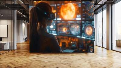 a mixed reality home office with a person inter. A futuristic female figure wearing virtual reality goggles stands before multiple screens displaying  Wall mural