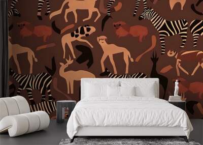 A seamless pattern featuring various stylized African animals in earthy tones suitable for backgrounds or textile designs.  Wall mural