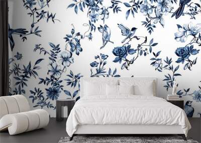 A seamless pattern of blue flowers and birds depicted in a traditional chinoiserie style on a white background for elegant design applications.  Wall mural