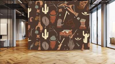 A seamless western-themed pattern featuring various items such as cowboy boots, hats, cacti, and horse illustrations on a brown background.  Wall mural