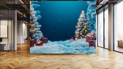 A serene winter scene featuring snow-covered trees adorned with twinkling lights, colorful presents, and gentle snowfall, evoking a festive holiday atmosphere.  Wall mural