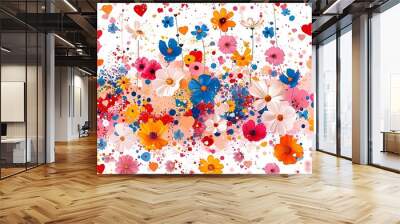 A vivid and colorful array of illustrated flowers and paint splatters creating a playful and artistic background backdrop.  Wall mural