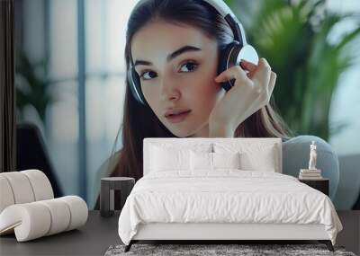 A young woman wearing headphones while listening to music in a modern, airy environment.  Wall mural