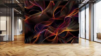 An abstract network of swirling neon lines in a variety of colors against a dark background, creating a sense of digital motion Wall mural