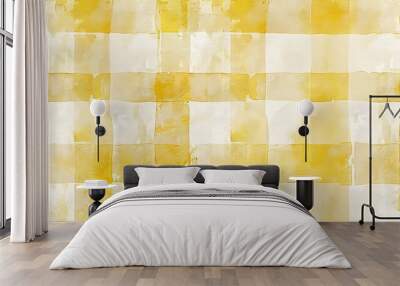 An abstract yellow and white checkered background with a watercolor texture effect, ideal for creative designs and patterns.  Wall mural