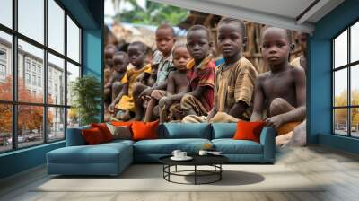 Children of Central African Republic, A group of young children sitting on the ground in a rural village setting with huts in the background.  #cotw Wall mural