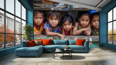 Children of Philippines, Five young children peering curiously out of a weathered wooden window frame with colorful peeling paint. #cotw Wall mural