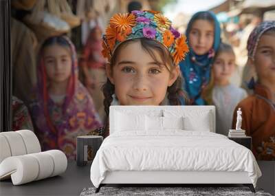 Children of Uzbekistan.  Young girl with floral headpiece smiling in a traditional market setting.  Wall mural