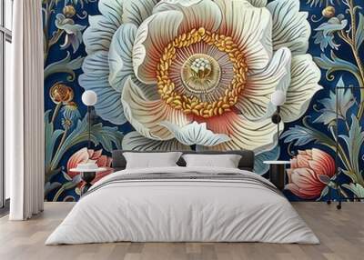 Elegant floral illustration featuring a white peony with gold accents on a navy blue background.  Wall mural