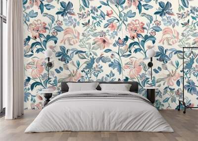 Elegant floral pattern with a variety of stylized flowers and leaves in pastel colors on a light background for design and wallpaper uses.  Wall mural