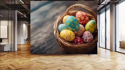 happy easter easter painted eggs in the basket. A beautifully arranged basket filled with colorful, intricately decorated Easter eggs on a rustic wood Wall mural