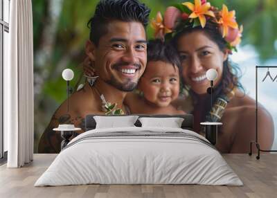 Samoan family. Samoa. Families of the World. A happy family with traditional Polynesian attire and tattoos smiles joyfully in a tropical setting. . #fotw Wall mural